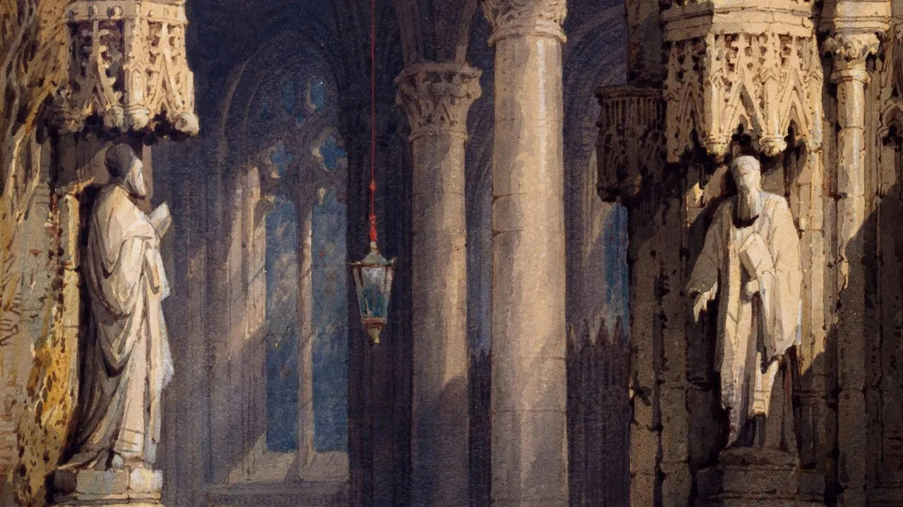 A watercolour of a Gothic cathedral interior, two robed figures standing between stone columns beneath a hanging lantern.