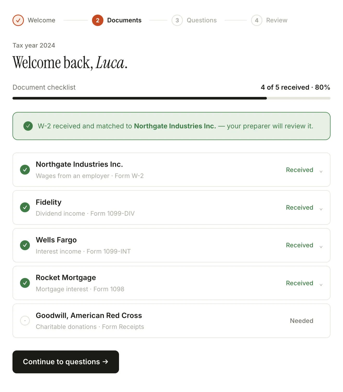 The Luca IQ client portal showing a document checklist — four of five documents received, each matched to its issuer and form type.