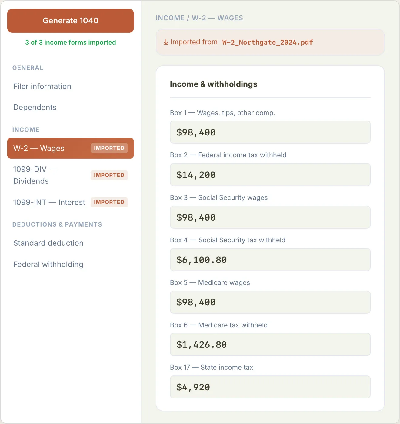 The Luca IQ tax engine, showing figures mapped from source documents onto the right lines of the return.