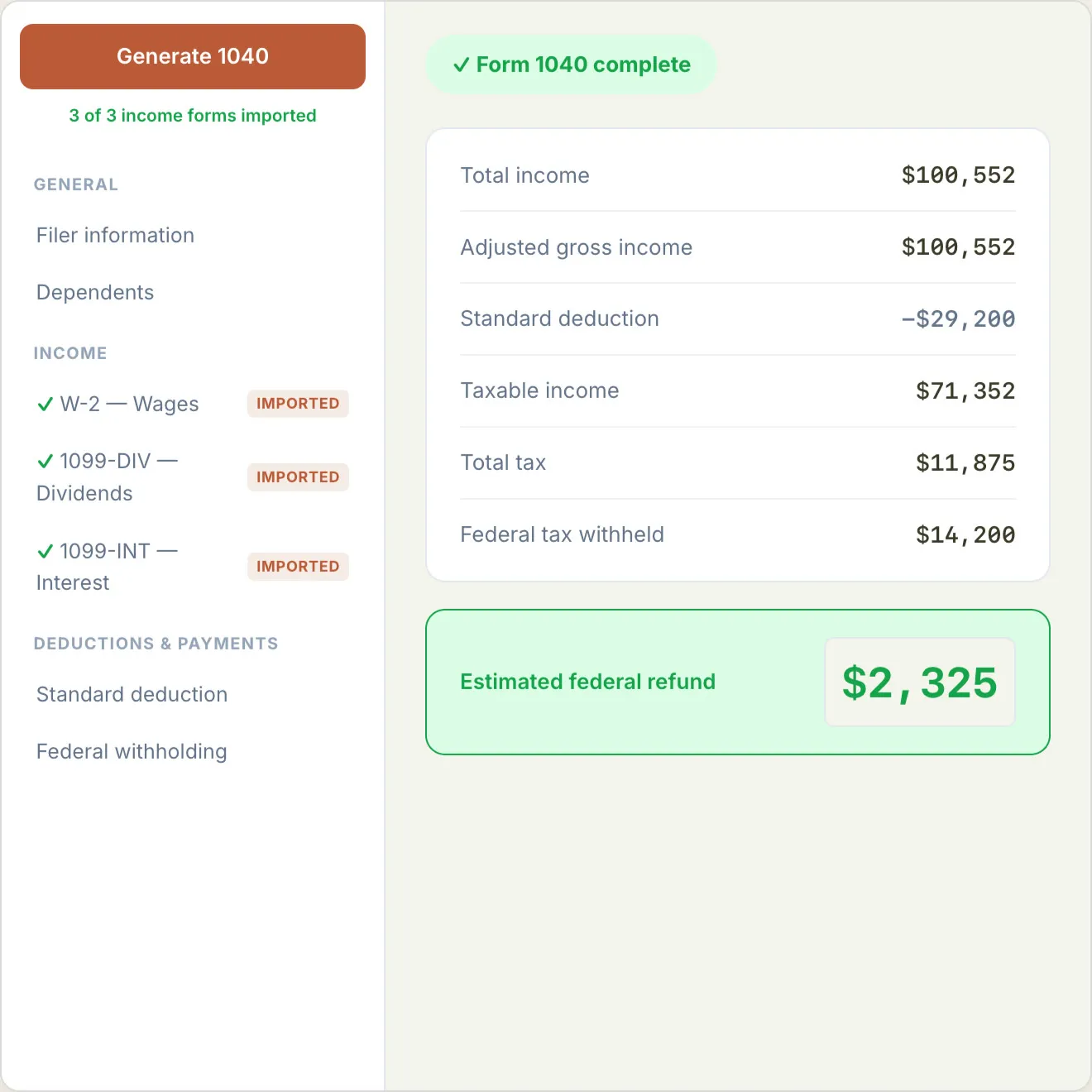 The Luca IQ delivery view, with the 8879 out for e-signature and the return ready to file.